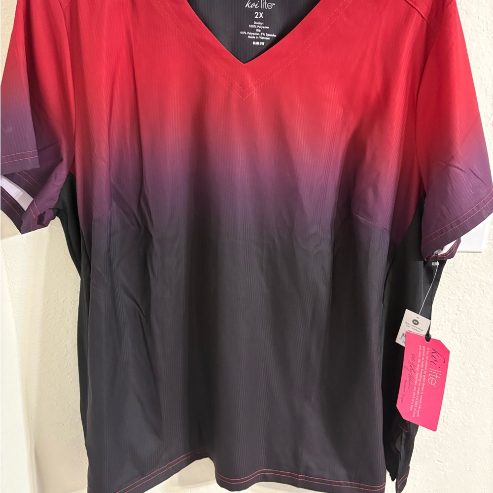 Koi Active Life Women's Red, Purple & Black Gradient Scrub Top. NWT. - Picture 2 of 12